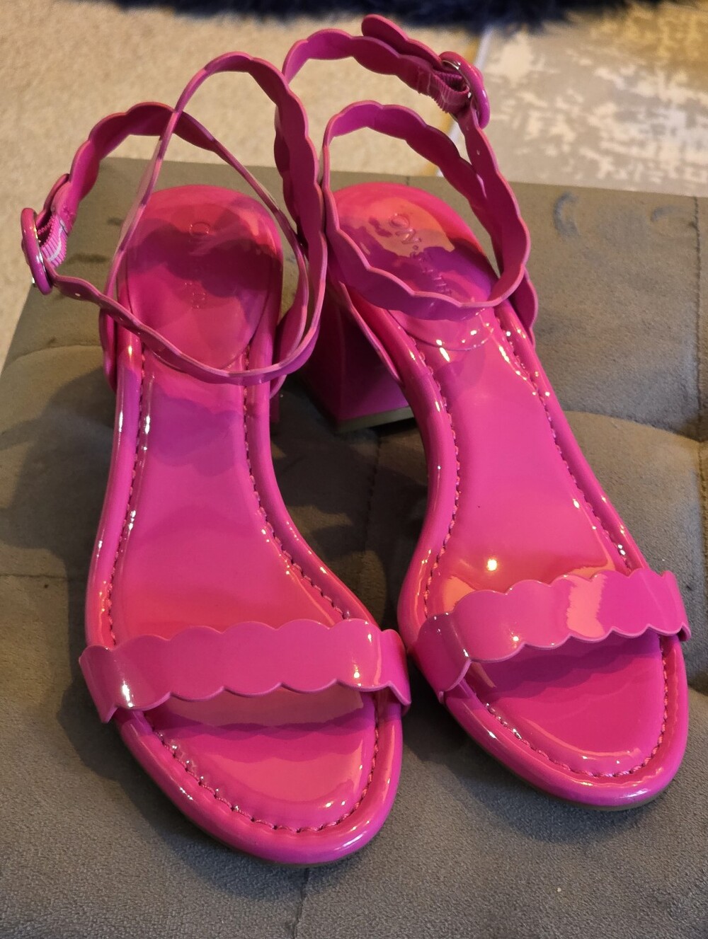 On 34th Scalloped Strap Hot Pink Block Heel Sandals 7.5 New